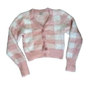 Plaid button front cropped sweater cardigan & high rise fuzzy mini skirt